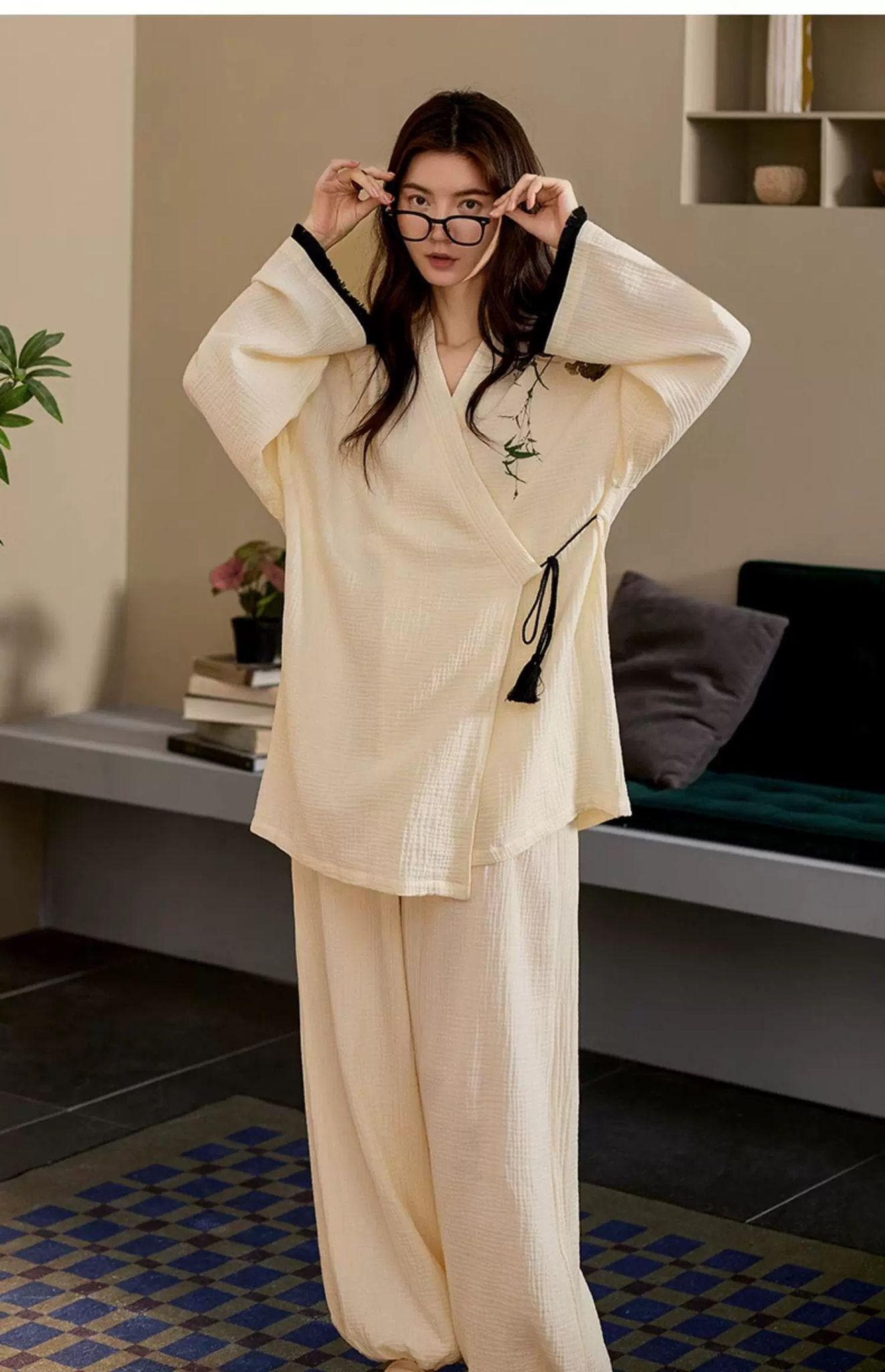 Kimono Style Cotton Loungewear Set – Bamboo Embroidered Gauze Pajamas for Women, Soft 2-Piece Sleepwear, Relaxed Fit Pyjamas, Gift for Her