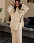 Kimono Style Cotton Loungewear Set – Bamboo Embroidered Gauze Pajamas for Women, Soft 2-Piece Sleepwear, Relaxed Fit Pyjamas, Gift for Her