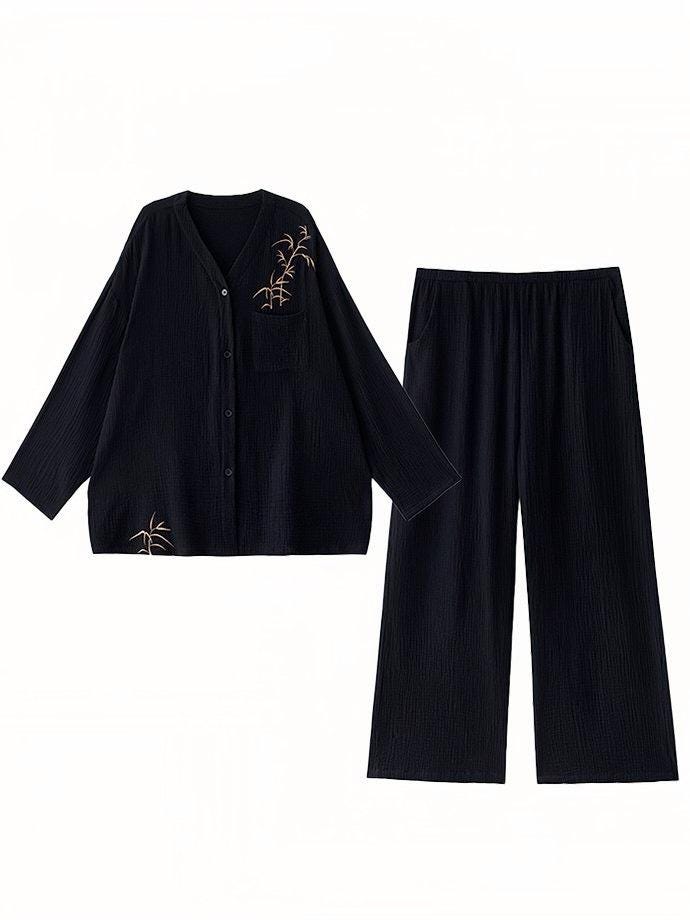 Kimono Style Cotton Loungewear Set – Bamboo Embroidered Gauze Pajamas for Women, Soft 2-Piece Sleepwear, Zen Pyjamas, Meditation Outfit