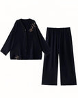 Kimono Style Cotton Loungewear Set – Bamboo Embroidered Gauze Pajamas for Women, Soft 2-Piece Sleepwear, Zen Pyjamas, Meditation Outfit