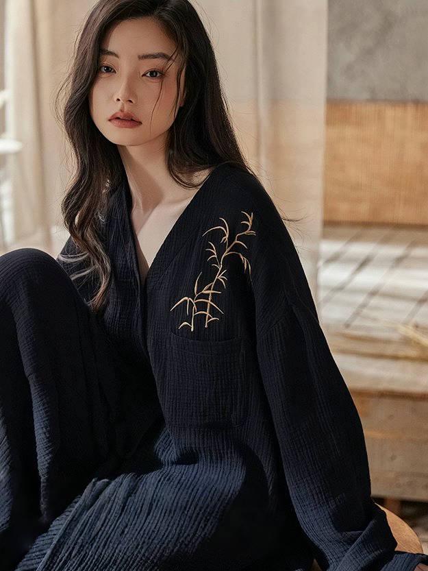 Kimono Style Cotton Loungewear Set – Bamboo Embroidered Gauze Pajamas for Women, Soft 2-Piece Sleepwear, Zen Pyjamas, Meditation Outfit