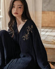 Kimono Style Cotton Loungewear Set – Bamboo Embroidered Gauze Pajamas for Women, Soft 2-Piece Sleepwear, Zen Pyjamas, Meditation Outfit