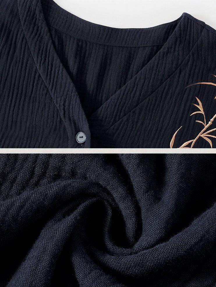Kimono Style Cotton Loungewear Set – Bamboo Embroidered Gauze Pajamas for Women, Soft 2-Piece Sleepwear, Zen Pyjamas, Meditation Outfit