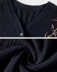 Kimono Style Cotton Loungewear Set – Bamboo Embroidered Gauze Pajamas for Women, Soft 2-Piece Sleepwear, Zen Pyjamas, Meditation Outfit