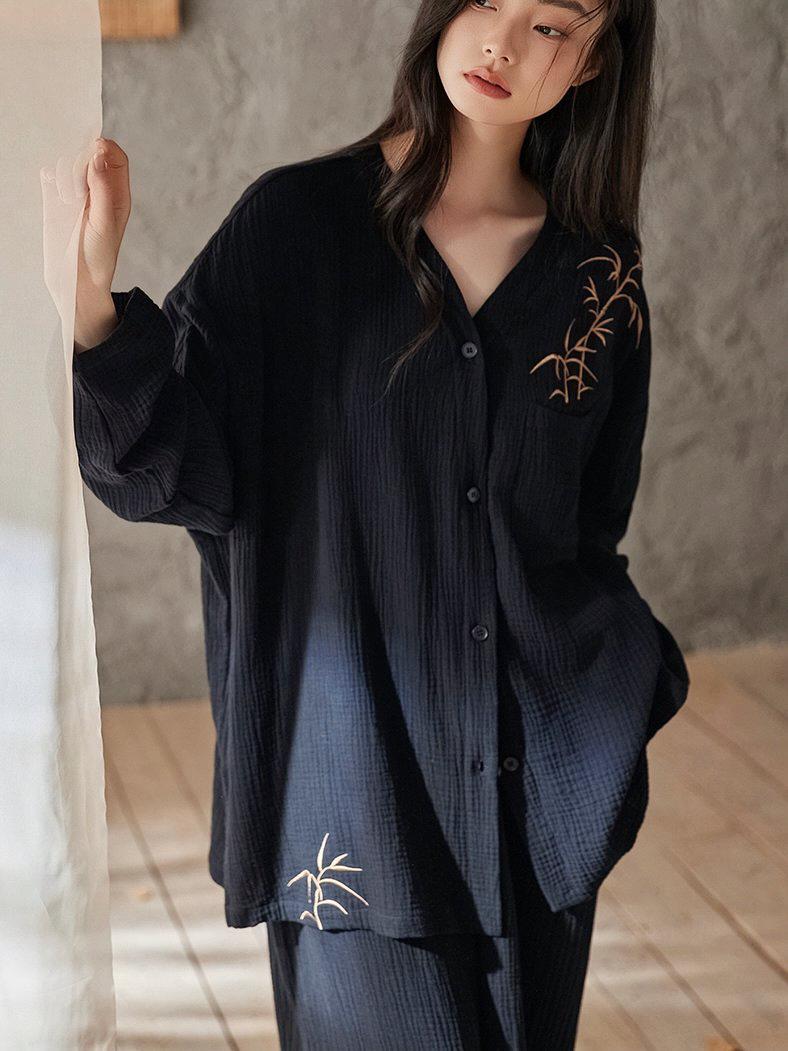 Kimono Style Cotton Loungewear Set – Bamboo Embroidered Gauze Pajamas for Women, Soft 2-Piece Sleepwear, Zen Pyjamas, Meditation Outfit