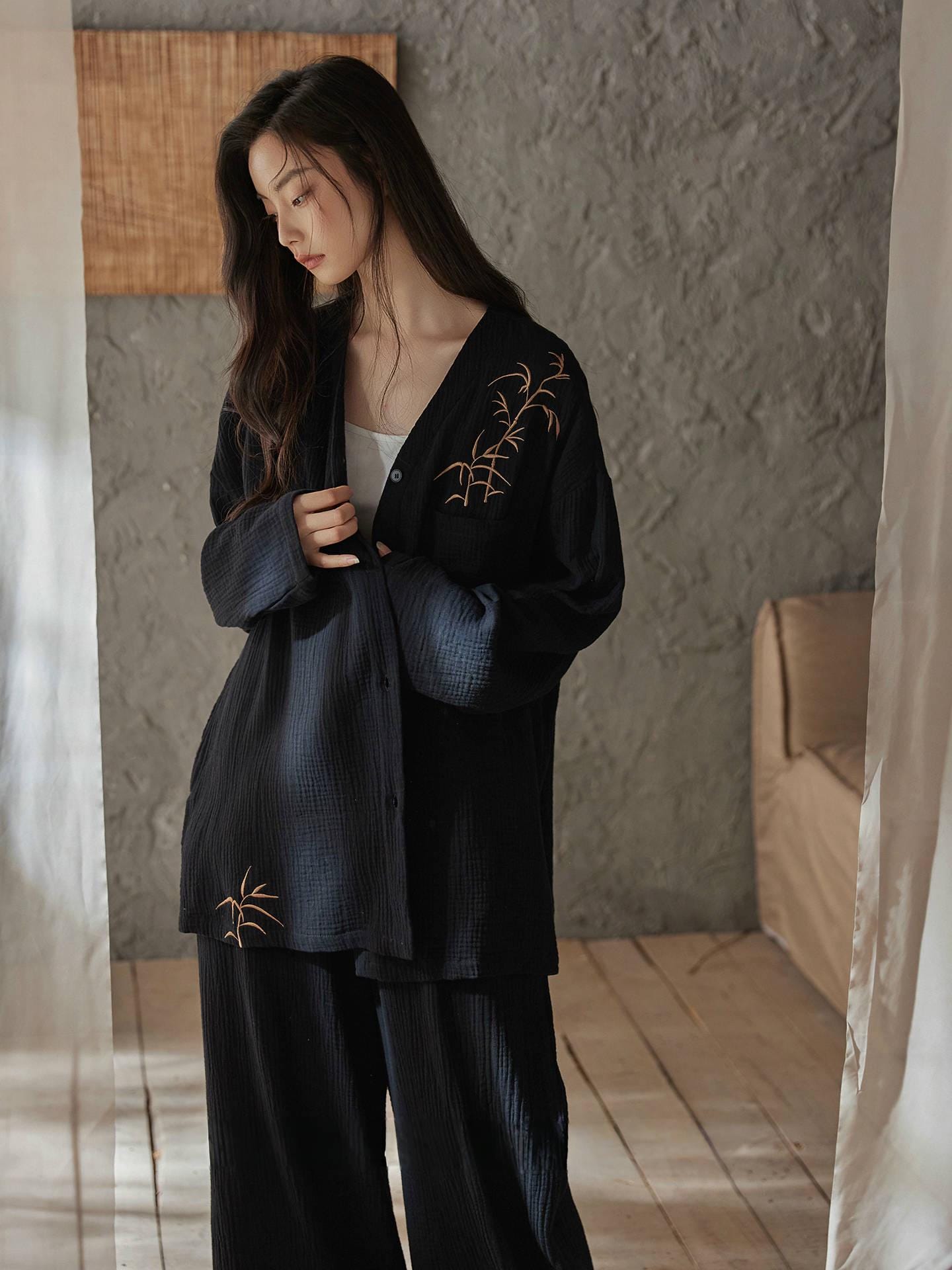 Kimono Style Cotton Loungewear Set – Bamboo Embroidered Gauze Pajamas for Women, Soft 2-Piece Sleepwear, Zen Pyjamas, Meditation Outfit