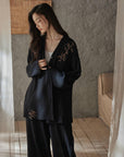 Kimono Style Cotton Loungewear Set – Bamboo Embroidered Gauze Pajamas for Women, Soft 2-Piece Sleepwear, Zen Pyjamas, Meditation Outfit