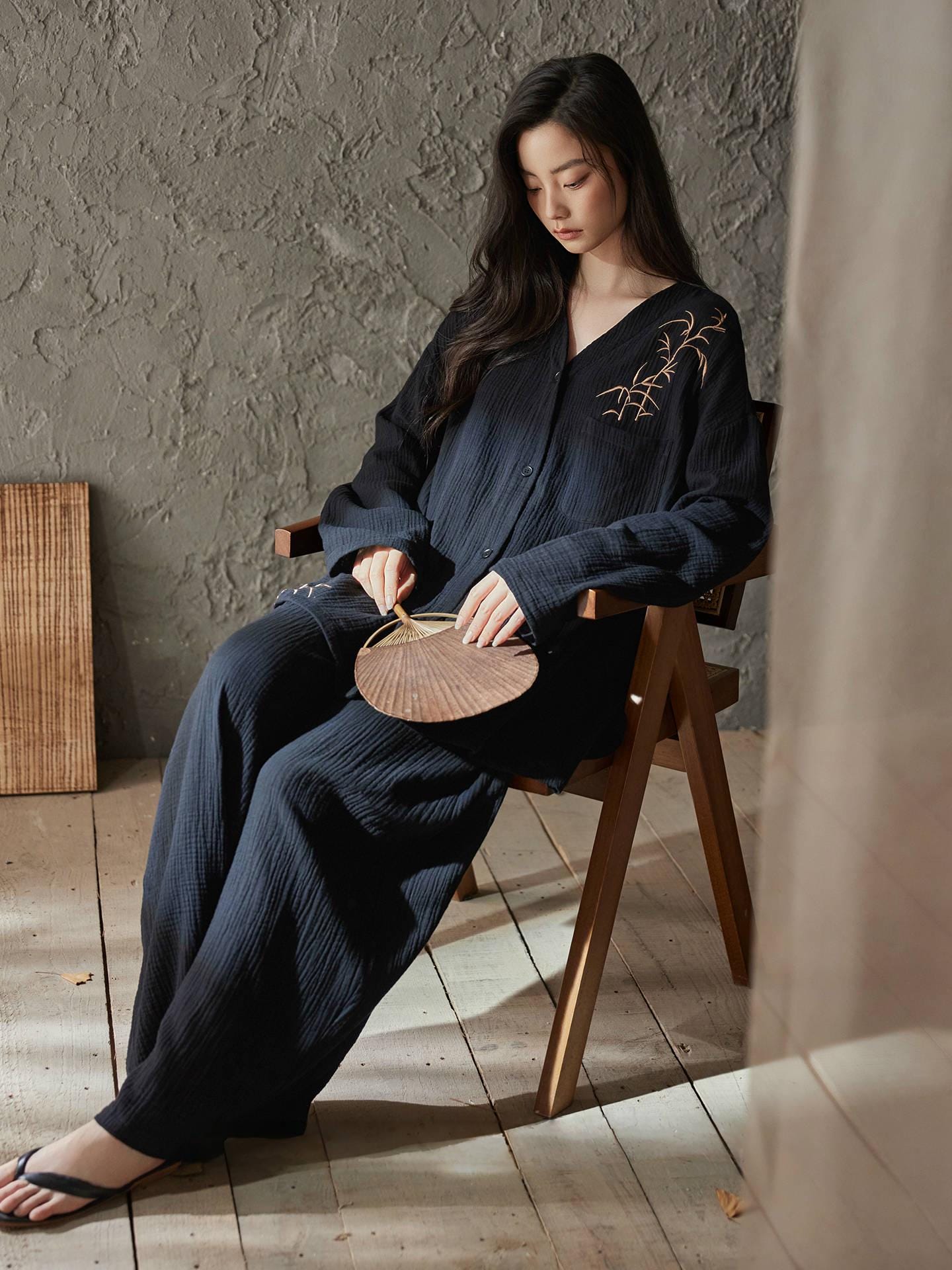 Kimono Style Cotton Loungewear Set – Bamboo Embroidered Gauze Pajamas for Women, Soft 2-Piece Sleepwear, Zen Pyjamas, Meditation Outfit