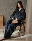 Kimono Style Cotton Loungewear Set – Bamboo Embroidered Gauze Pajamas for Women, Soft 2-Piece Sleepwear, Zen Pyjamas, Meditation Outfit