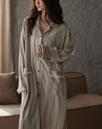 Neutral Long Robe Dress for Women | Soft Cotton Loungewear with Frayed Cuffs | Relaxed Homewear | Elegant Minimalist Gift