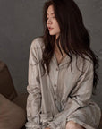 Neutral Long Robe Dress for Women | Soft Cotton Loungewear with Frayed Cuffs | Relaxed Homewear | Elegant Minimalist Gift
