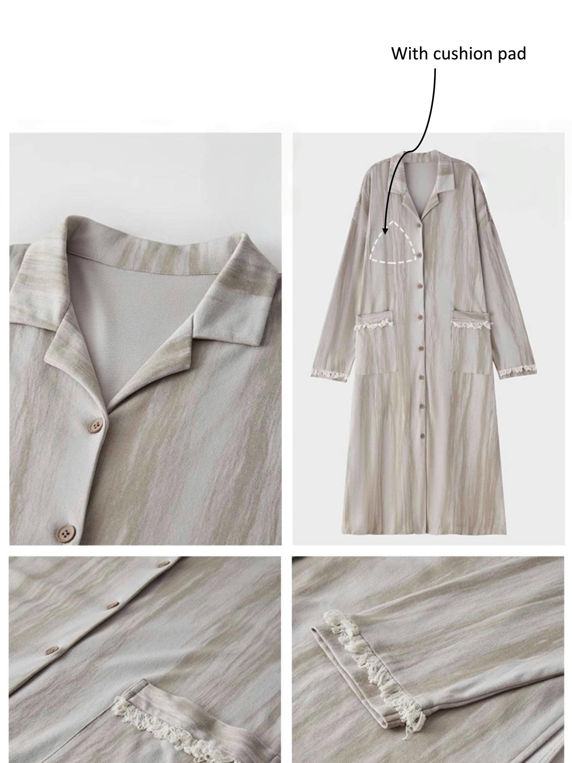 Neutral Long Robe Dress for Women | Soft Cotton Loungewear with Frayed Cuffs | Relaxed Homewear | Elegant Minimalist Gift