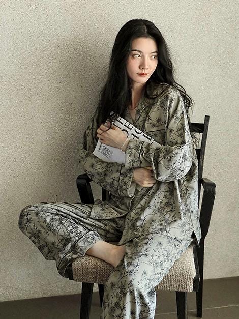 Butterfly Print Cotton Pyjama Set: Oriental Button-Up Loungewear