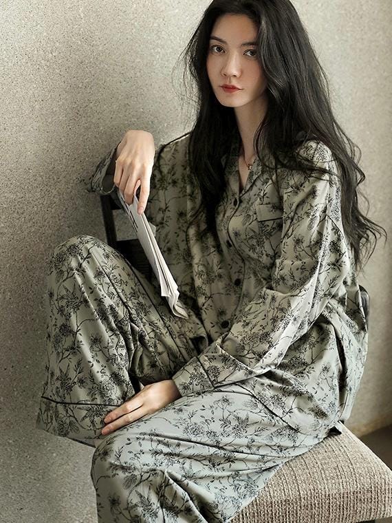 Butterfly Print Cotton Pyjama Set: Oriental Button-Up Loungewear