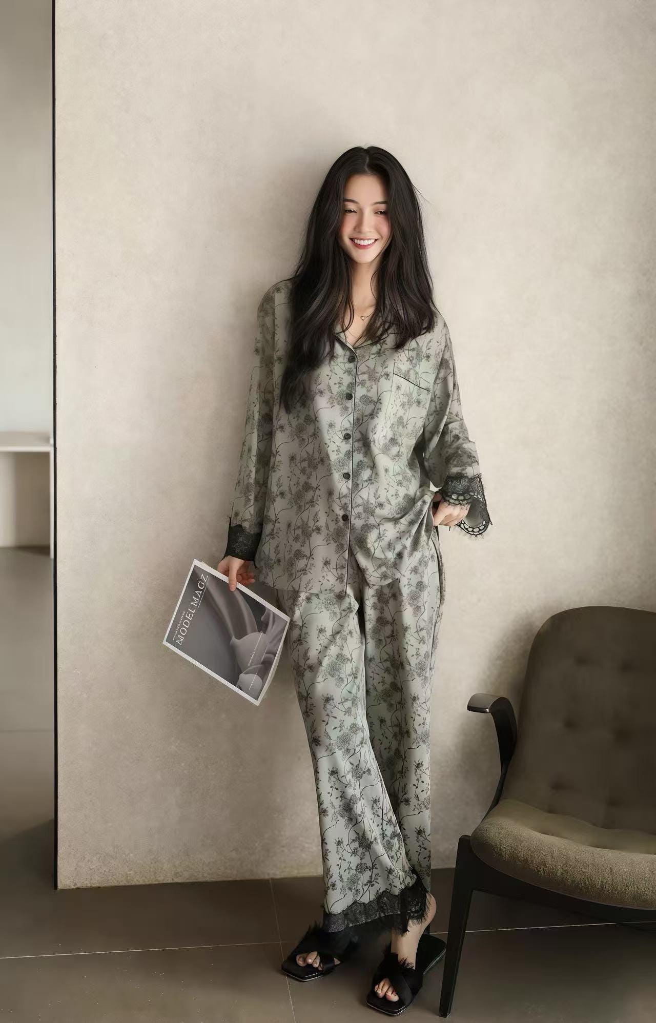 Butterfly Print Cotton Pyjama Set: Oriental Button-Up Loungewear