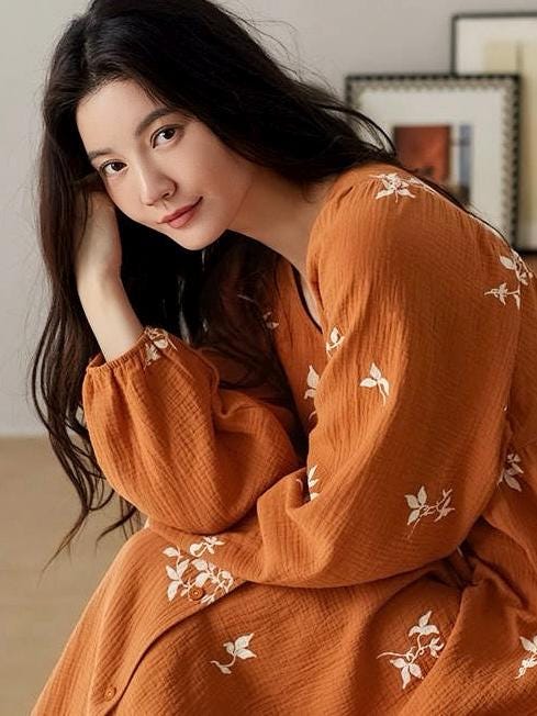 Women's Muslin Cotton Pajamas Dress – Orange Embroidered Loungewear, Button Front Sleep Dress, Relaxed Fit Nightgown, Maternity Dress