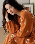 Women's Muslin Cotton Pajamas Dress – Orange Embroidered Loungewear, Button Front Sleep Dress, Relaxed Fit Nightgown, Maternity Dress