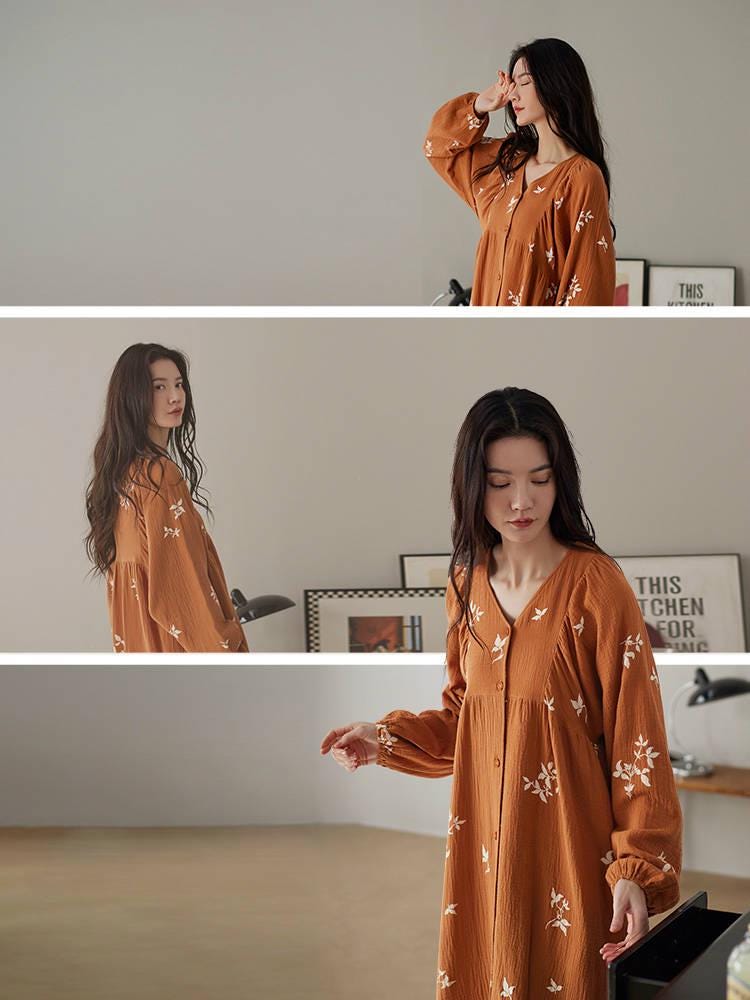 Women's Muslin Cotton Pajamas Dress – Orange Embroidered Loungewear, Button Front Sleep Dress, Relaxed Fit Nightgown, Maternity Dress