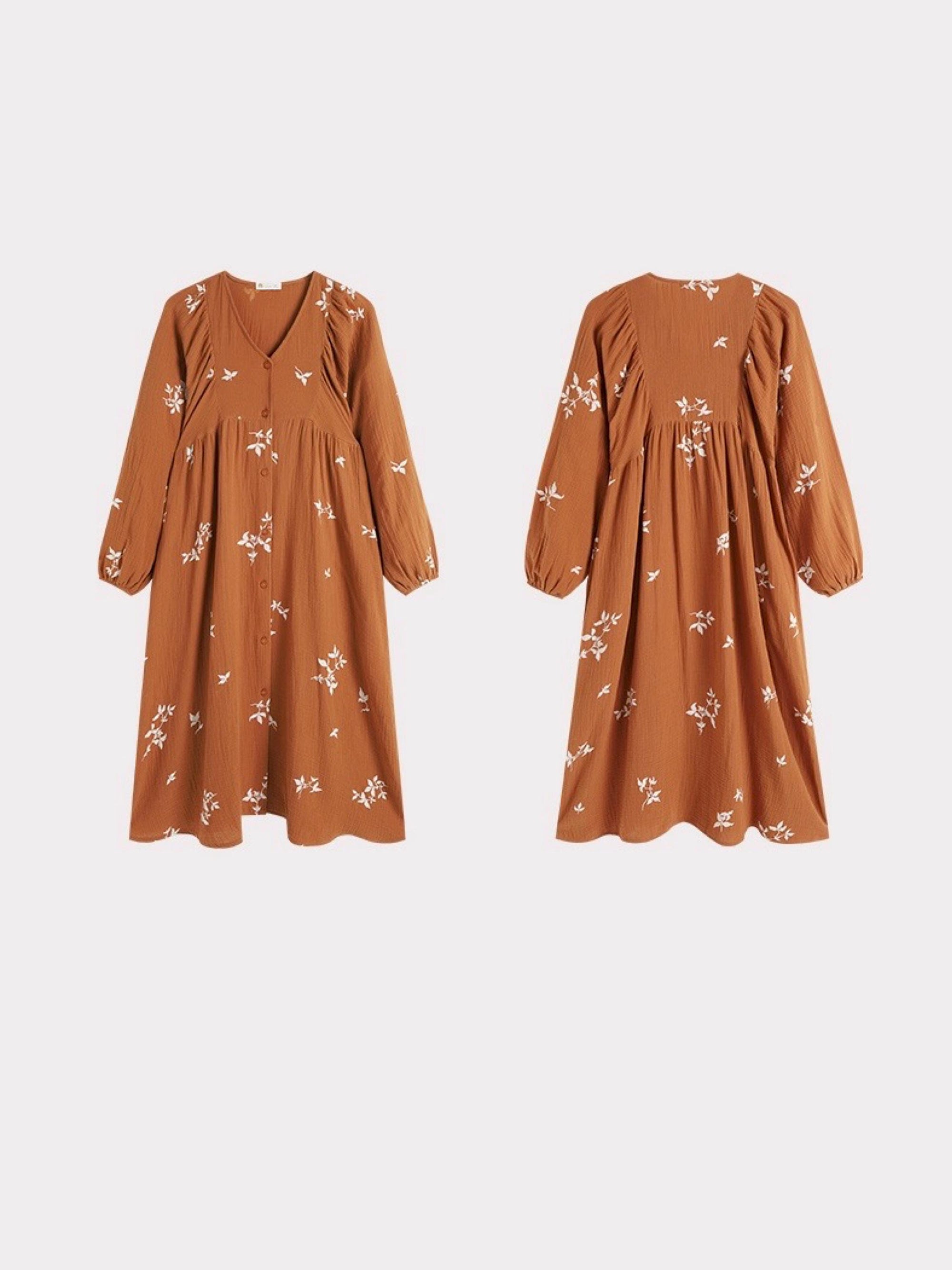 Women's Muslin Cotton Pajamas Dress – Orange Embroidered Loungewear, Button Front Sleep Dress, Relaxed Fit Nightgown, Maternity Dress