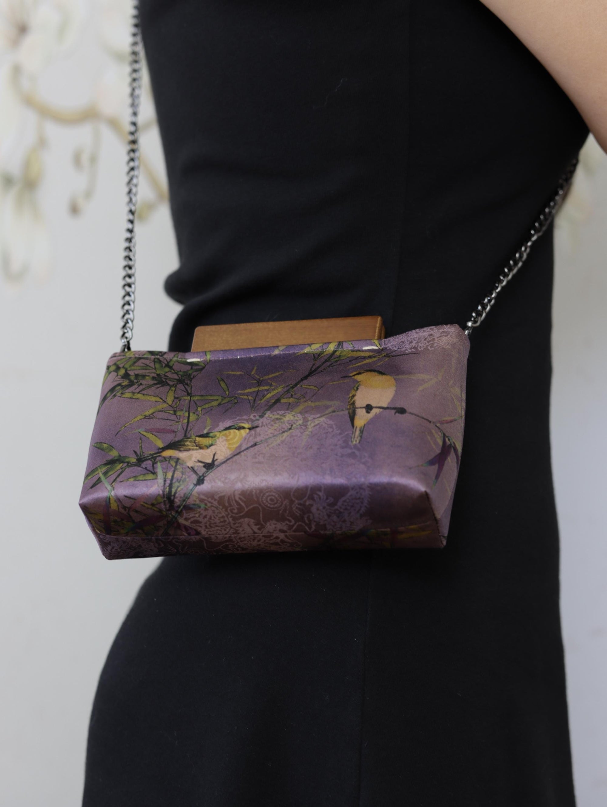 Handmade Silk Handbag with Wooden Clasp | Natural Dyed Xiangyun Silk Persimmon Print Crossbody | Oriental Heritage Evening Purse
