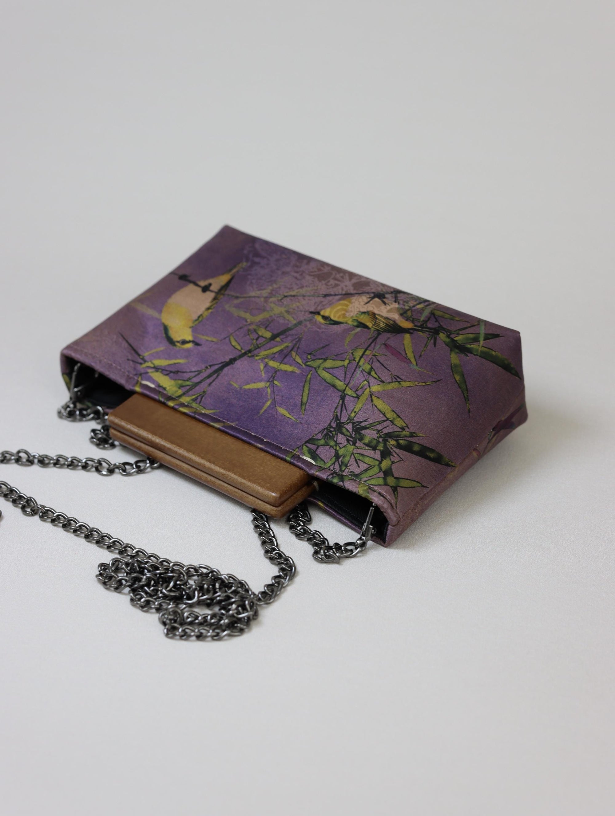 Handmade Silk Handbag with Wooden Clasp | Natural Dyed Xiangyun Silk Persimmon Print Crossbody | Oriental Heritage Evening Purse