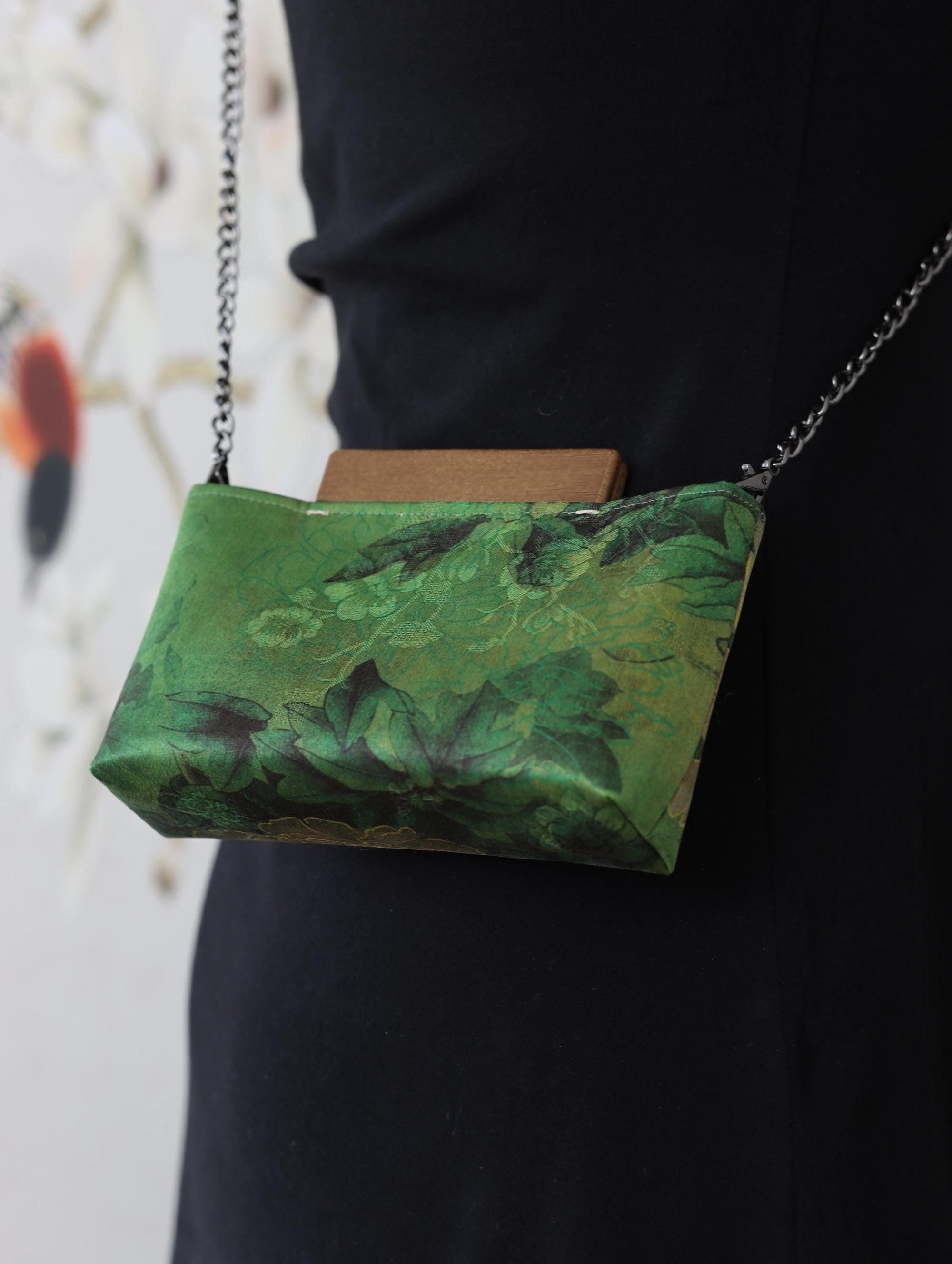 Handmade Silk Handbag with Wooden Clasp | Natural Dyed Xiangyun Silk Persimmon Print Crossbody | Oriental Heritage Evening Purse