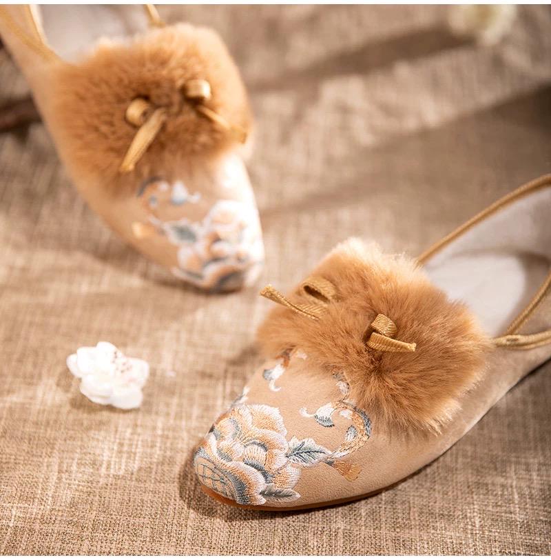 Embroidered Fur Mule Slippers for Women – Oriental Winter House Shoes, Warm Indoor Slippers, Soft Cotton Loafers, Gift for Her