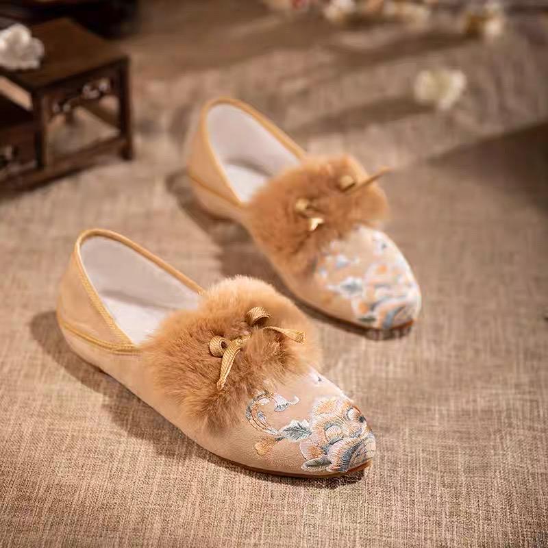 Embroidered Fur Mule Slippers for Women – Oriental Winter House Shoes, Warm Indoor Slippers, Soft Cotton Loafers, Gift for Her
