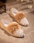 Embroidered Fur Mule Slippers for Women – Oriental Winter House Shoes, Warm Indoor Slippers, Soft Cotton Loafers, Gift for Her
