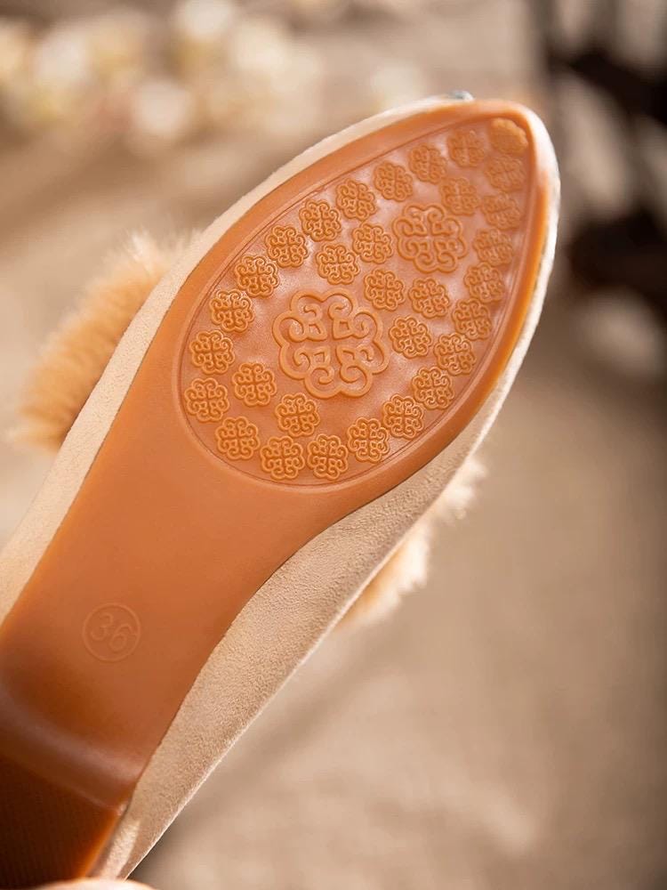Embroidered Fur Mule Slippers for Women – Oriental Winter House Shoes, Warm Indoor Slippers, Soft Cotton Loafers, Gift for Her