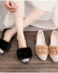 Embroidered Fur Mule Slippers for Women – Oriental Winter House Shoes, Warm Indoor Slippers, Soft Cotton Loafers, Gift for Her