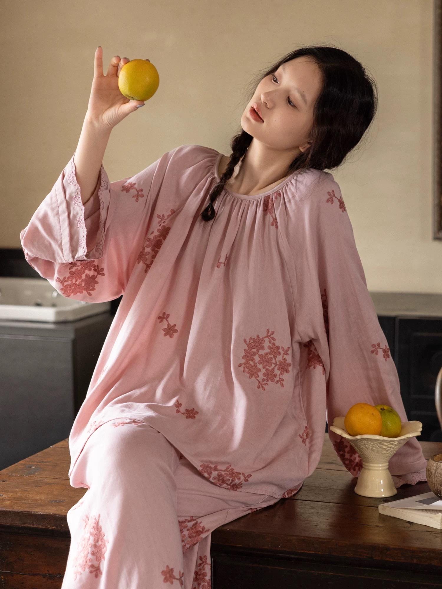 Bamboo Fibre Cotton Embroidered Loungewear Bamboo Cotton/Breathable Winter Pajamas