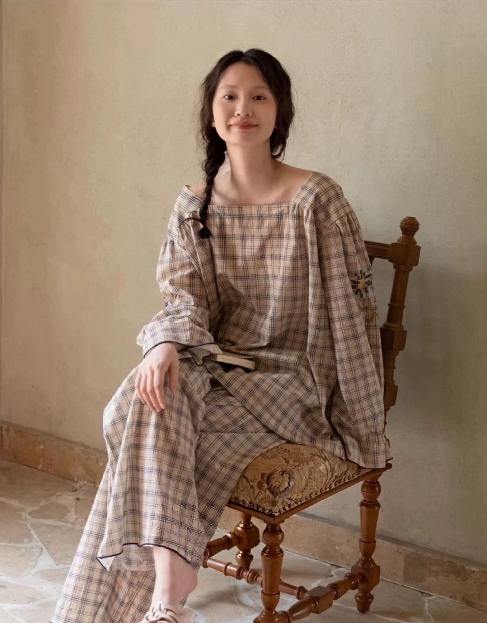 Bamboo Cotton Pajama Set for Women | Embroidered Loungewear | Soft Plaid Sleepwear with Pockets