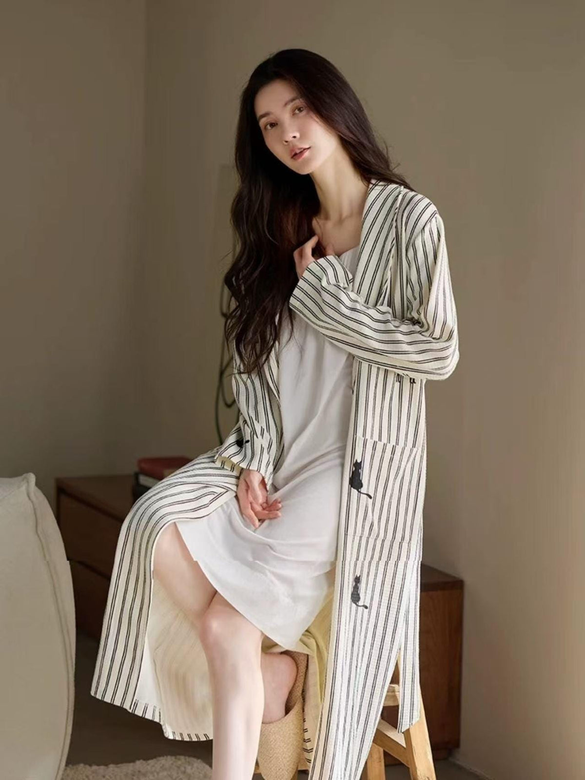 Striped Waffle Cotton Robe with Embroidered Kitten | Women’s Long Dressing Gown | Breathable Loungewear Gift for Her