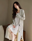 Striped Waffle Cotton Robe with Embroidered Kitten | Women’s Long Dressing Gown | Breathable Loungewear Gift for Her