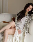 Striped Waffle Cotton Robe with Embroidered Kitten | Women’s Long Dressing Gown | Breathable Loungewear Gift for Her