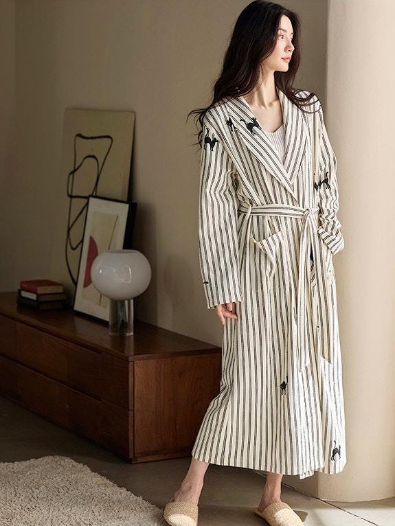 Striped Waffle Cotton Robe with Embroidered Kitten | Women’s Long Dressing Gown | Breathable Loungewear Gift for Her