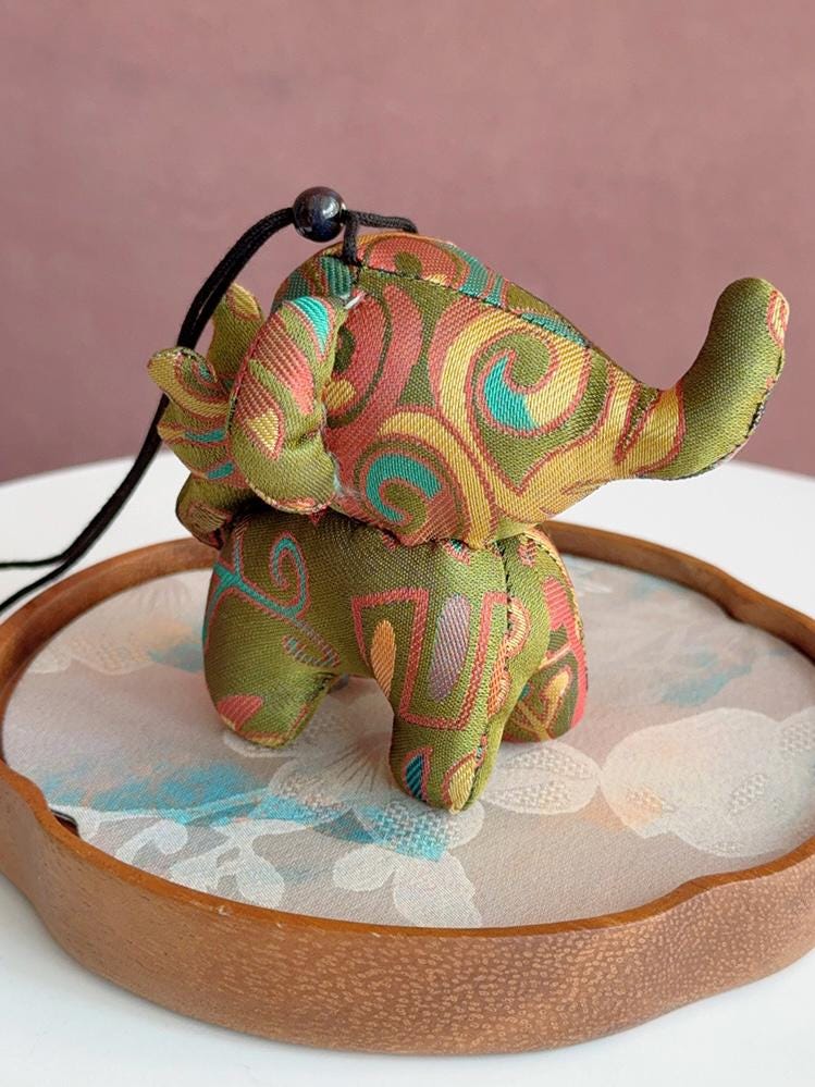 Christmas Bag Charm – Silk Fabric Hanging Ornament for Christmas Stocking Filler, Lucky Elephant , Handmade Christmas Gifts