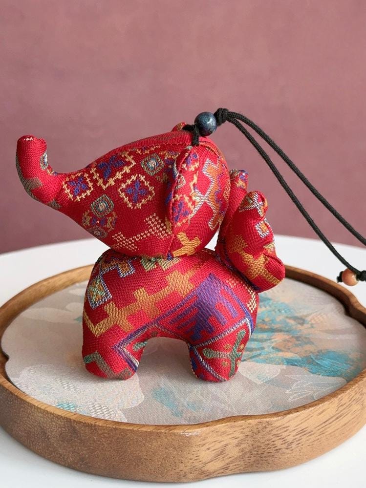 Christmas Bag Charm – Silk Fabric Hanging Ornament for Christmas Stocking Filler, Lucky Elephant , Handmade Christmas Gifts
