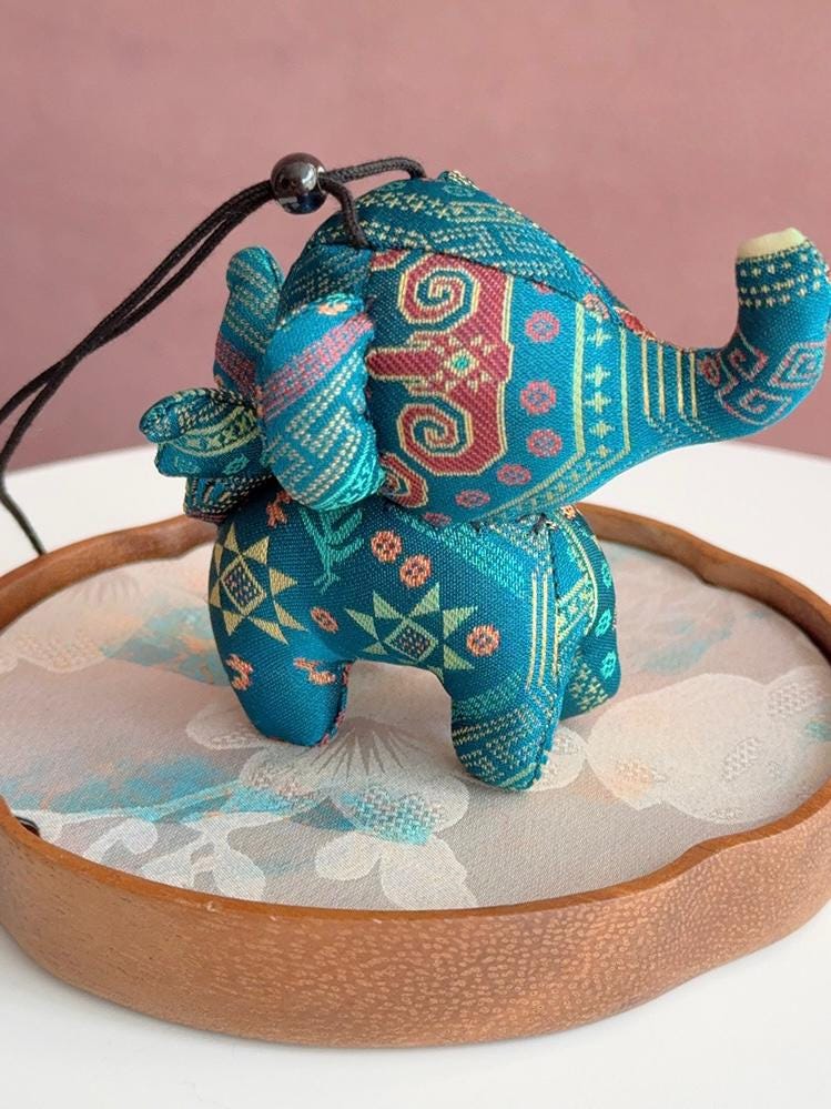 Christmas Bag Charm – Silk Fabric Hanging Ornament for Christmas Stocking Filler, Lucky Elephant , Handmade Christmas Gifts