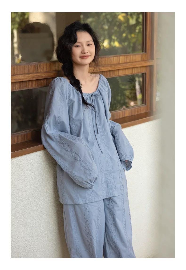 Bamboo Cotton Embroidered Pajama, Soft Breathable Loungewear, Oversized Fit Lounge Set, Sustainable Clothing, Gift Pack for Christmas