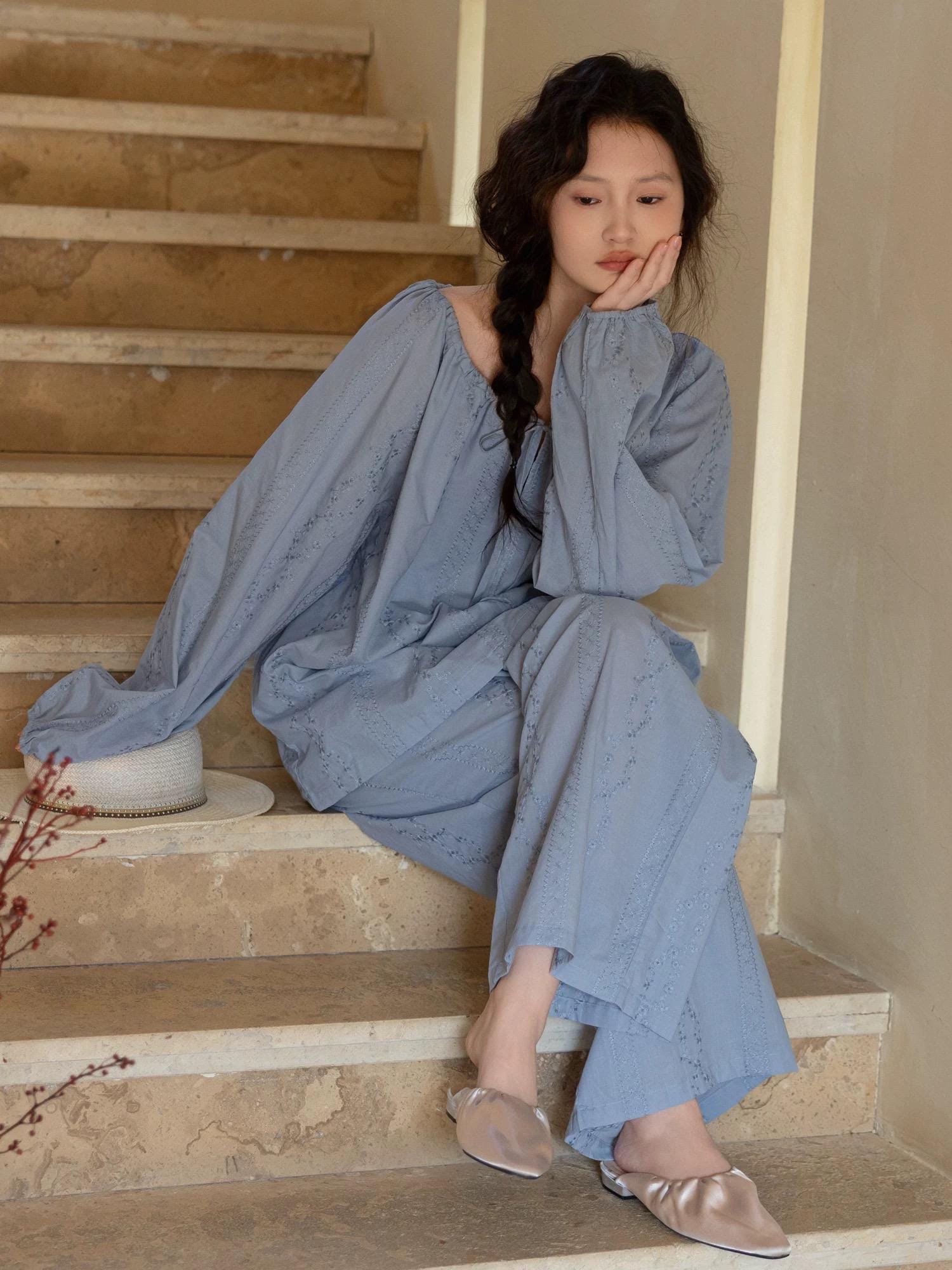 Bamboo Cotton Embroidered Pajama, Soft Breathable Loungewear, Oversized Fit Lounge Set, Sustainable Clothing, Gift Pack for Christmas