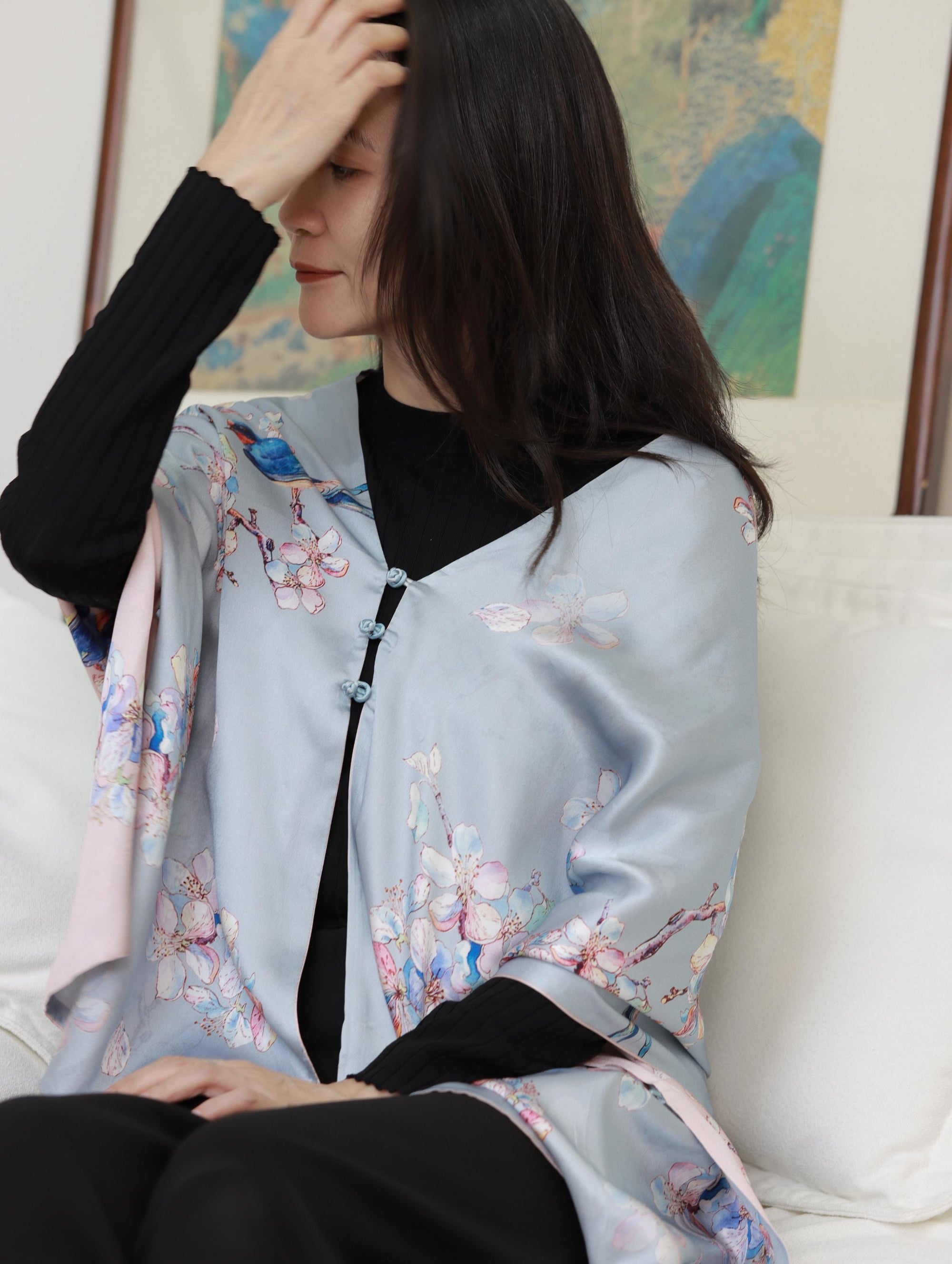 Reversible Mulberry Silk Scarf with Qipao Buttons – Double-Sided 6A Silk Wrap | Floral Bird Design Oriental Silk Shawl Hanfu Accessories
