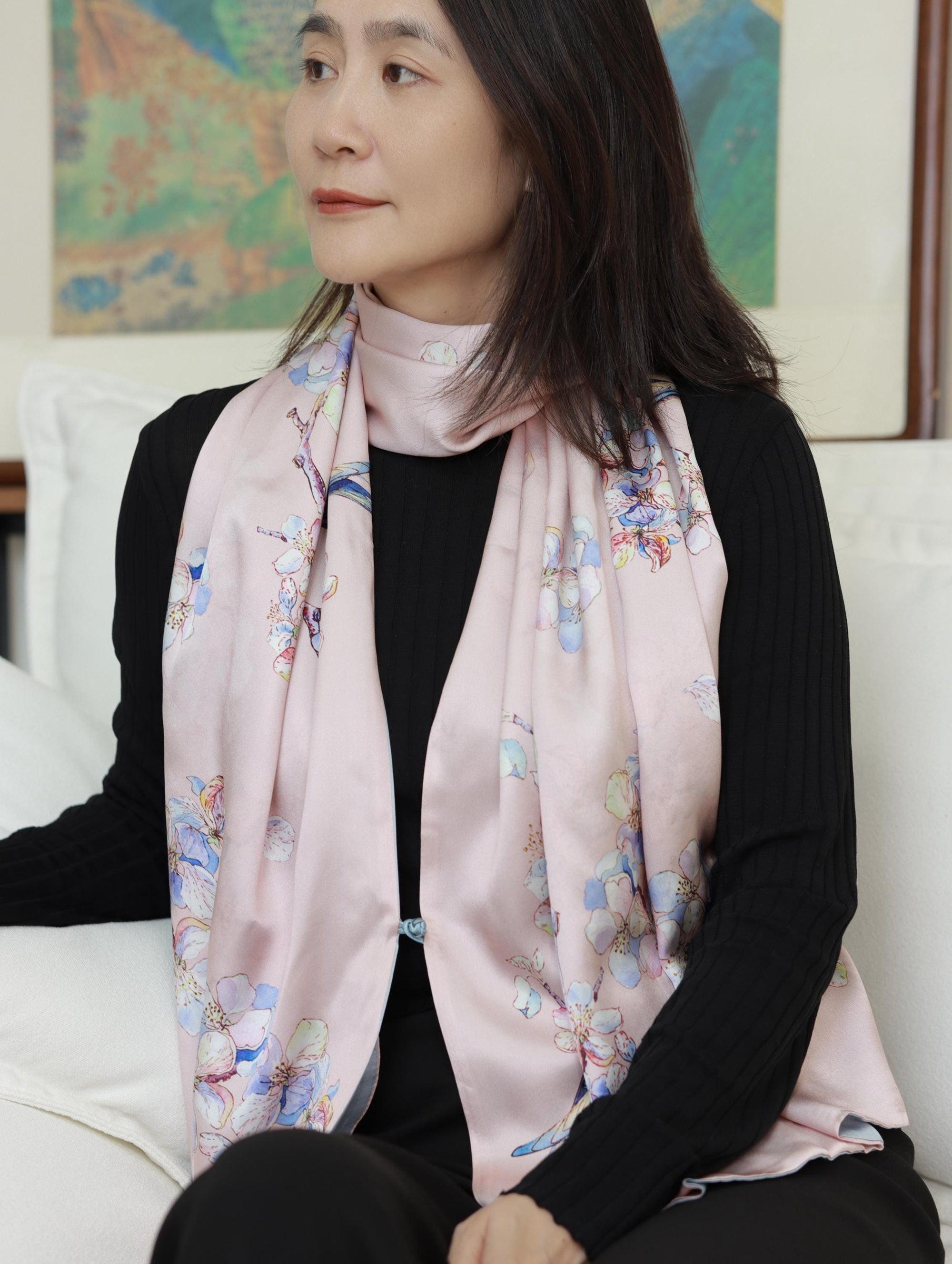 Reversible Mulberry Silk Scarf with Qipao Buttons – Double-Sided 6A Silk Wrap | Floral Bird Design Oriental Silk Shawl Hanfu Accessories
