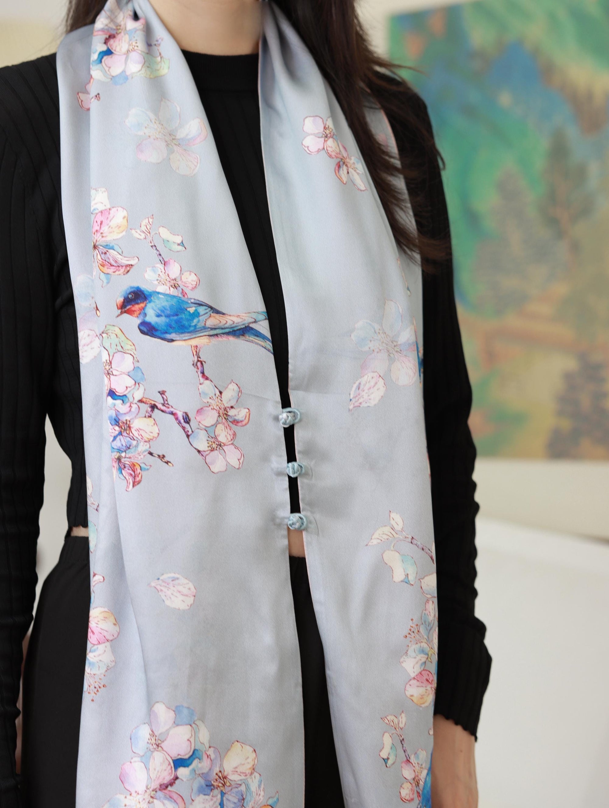 Reversible Mulberry Silk Scarf with Qipao Buttons – Double-Sided 6A Silk Wrap | Floral Bird Design Oriental Silk Shawl Hanfu Accessories