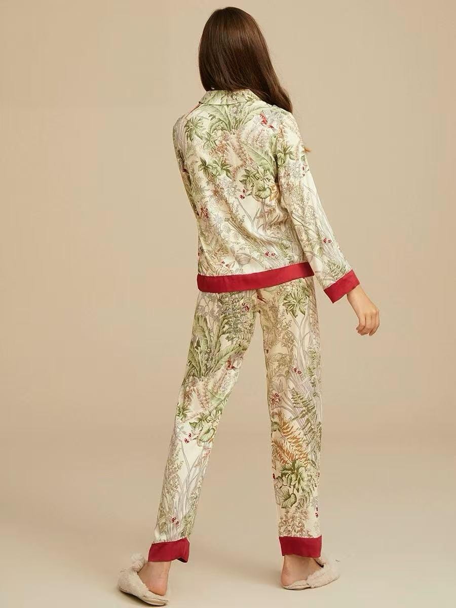 Luxury Satin Silk Pajama Set: Floral Long Sleeve Sleepwear, Christmas Party Pyjamas