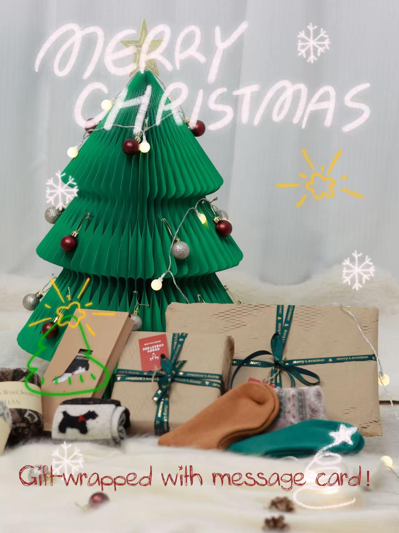 Christmas gift packaging with recyclable kraft paper, ribbon, and a message card—ready to gift.”