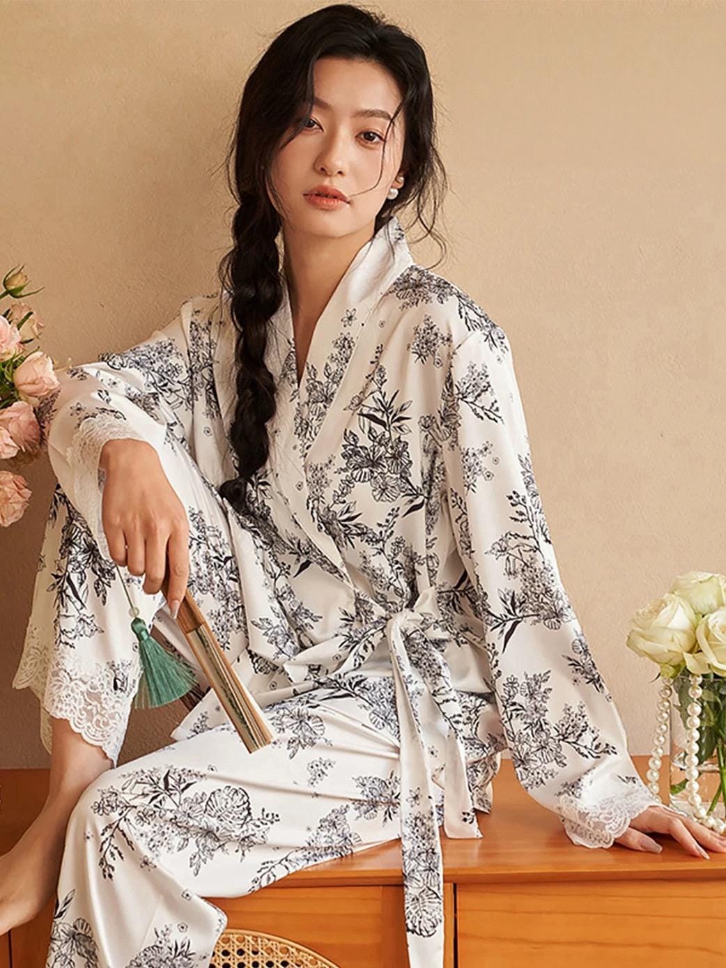 Luxury Oriental Style Silky Pajamas for Summer – Elegant Floral Loungewear with Lace Trim – Women Loungewear | Silk Kimono Robe