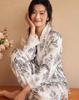 Luxury Oriental Style Silky Pajamas for Summer – Elegant Floral Loungewear with Lace Trim – Women Loungewear | Silk Kimono Robe