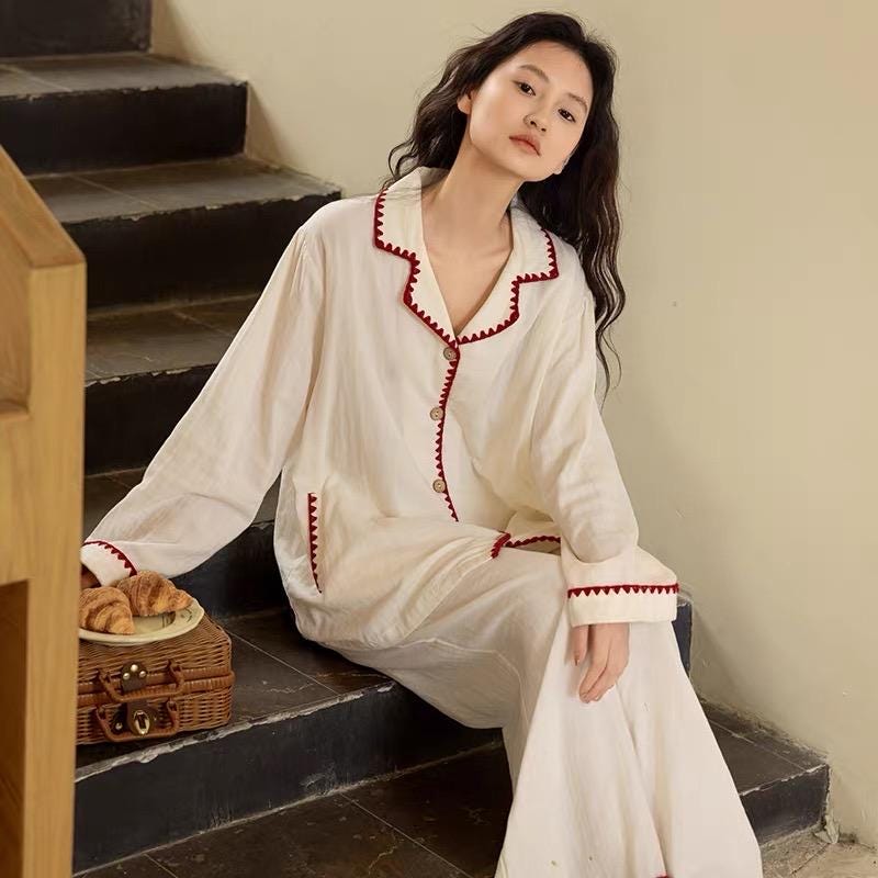 Red Trim Cotton Gauze Pyjama Set